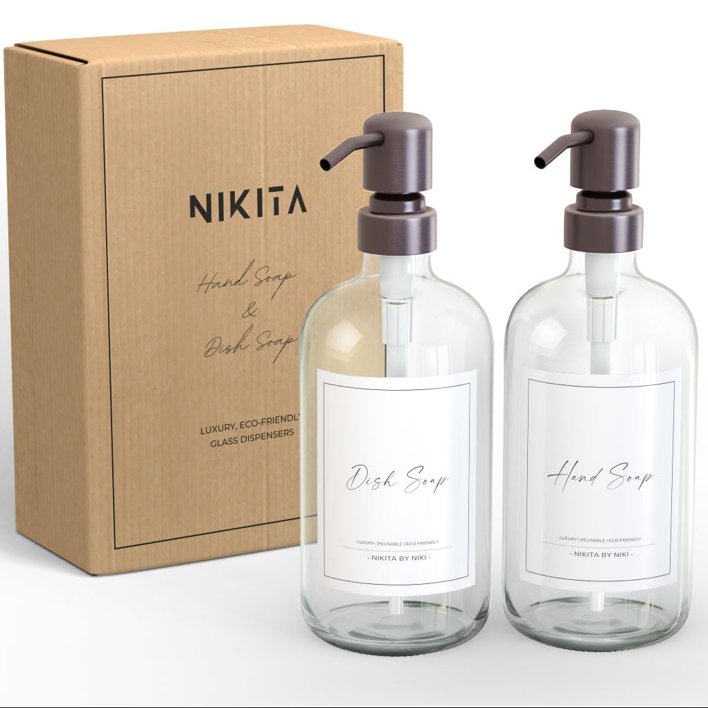 NIKITA Glass Soap Dispenser Set – 500ml Silver Stainless Steel Pump