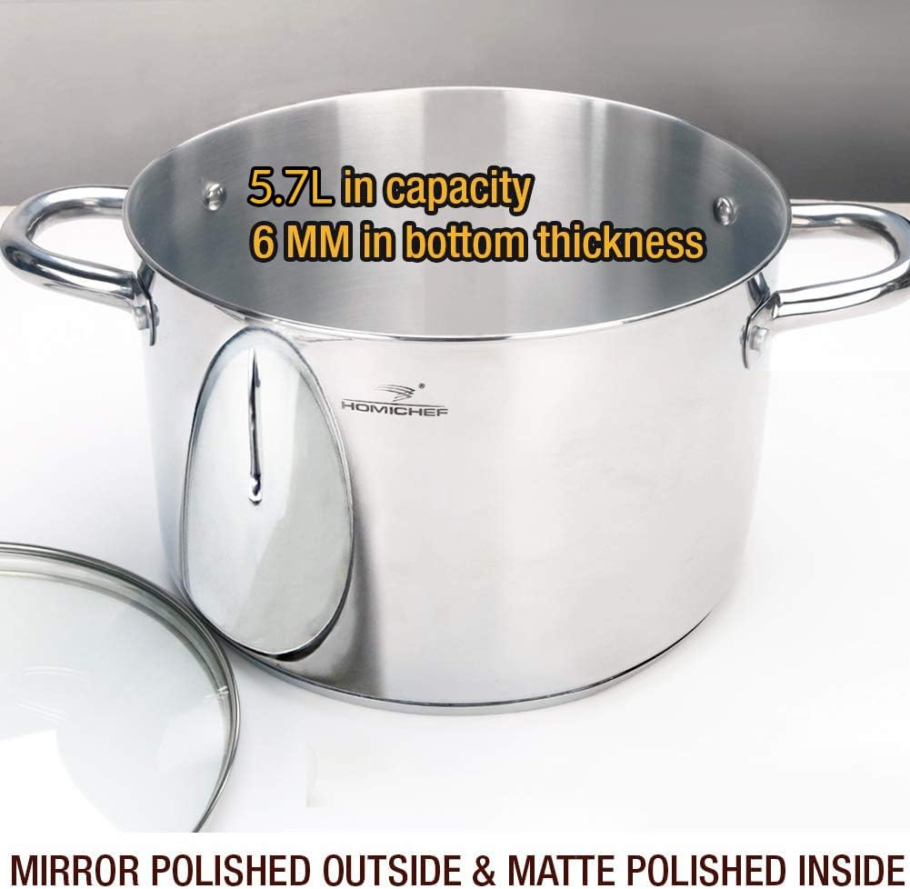 HOMICHEF Nickel Free Stainless Steel Stock Pot with Lid - 5.7L / 6QT