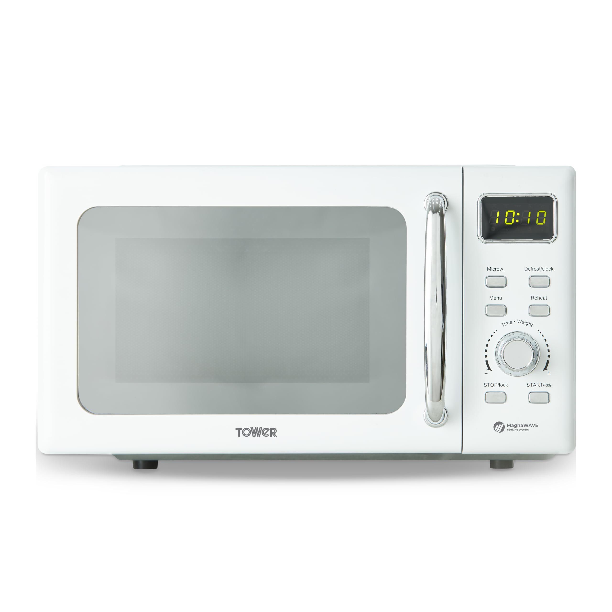 Tower Digital Microwave with Mirror Door, 800W, 20L – White & Chrome