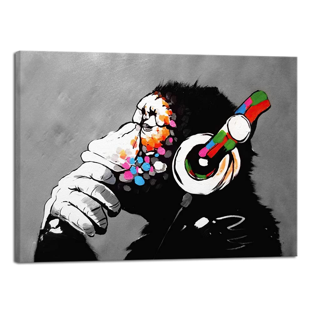 Banksy Monkey with Headphones Graffiti Canvas Art – 20x28in