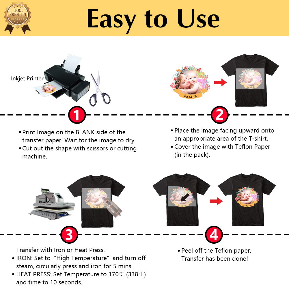 TransOurDream Inkjet Iron On Heat Transfer Paper for Dark Fabrics - 100 Sheets