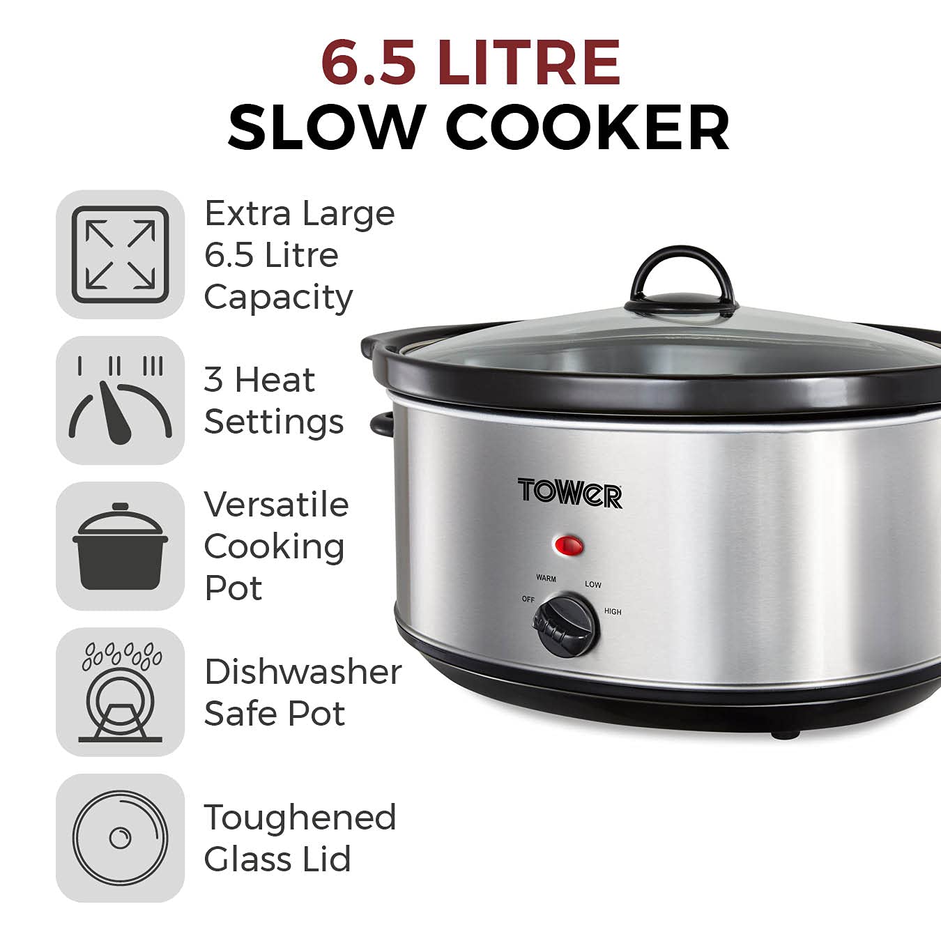Tower T16040Y Slow Cooker | 6.5L Large Capacity | Stainless Steel