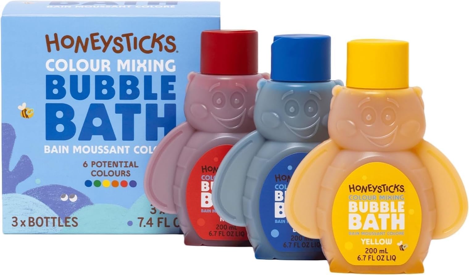 Honeysticks Non-Toxic Kids Bubble Bath 3-Pack | Plant-Based Color Mixing