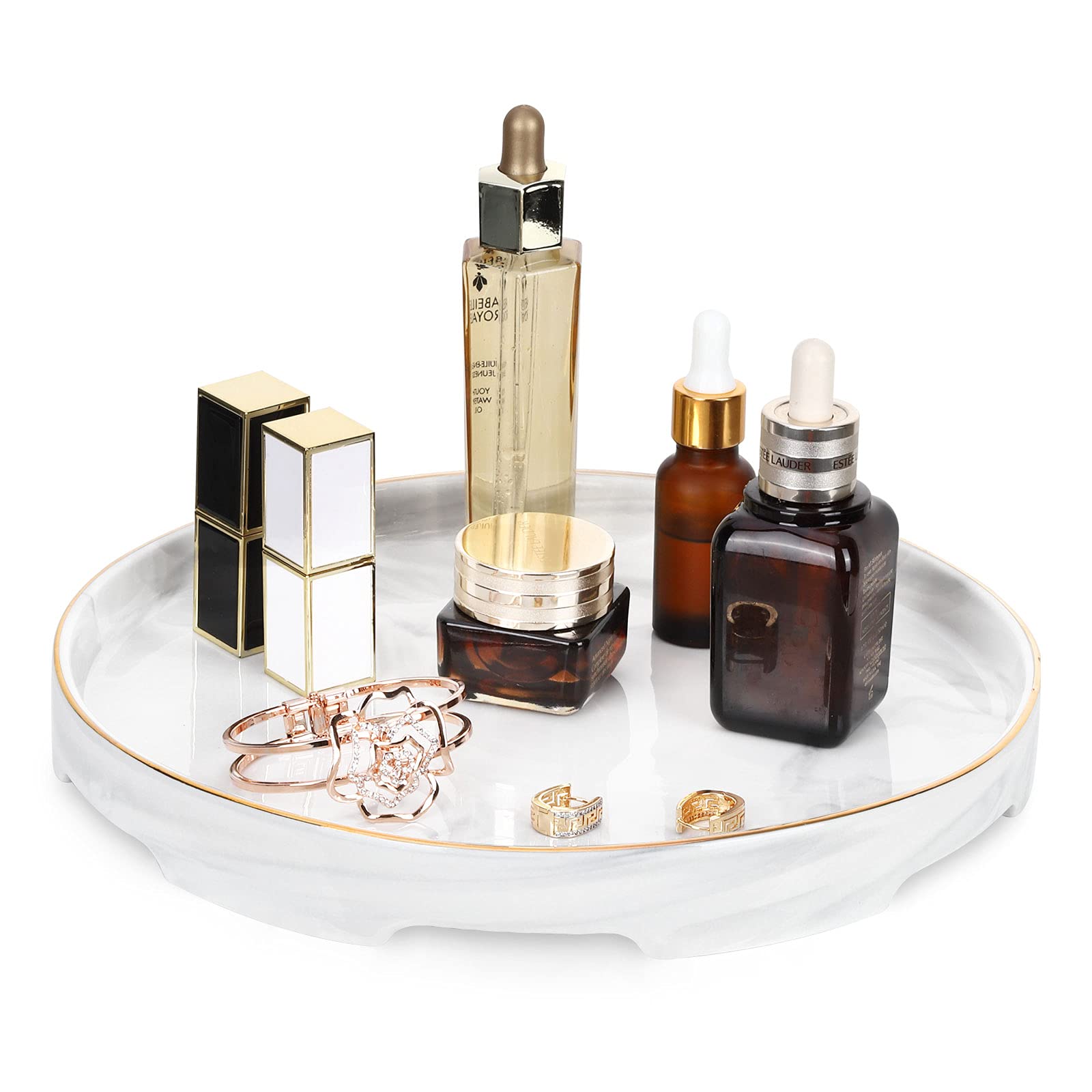 Shinowa Ceramic Vanity Tray – White Marble Decorative Countertop Organizer