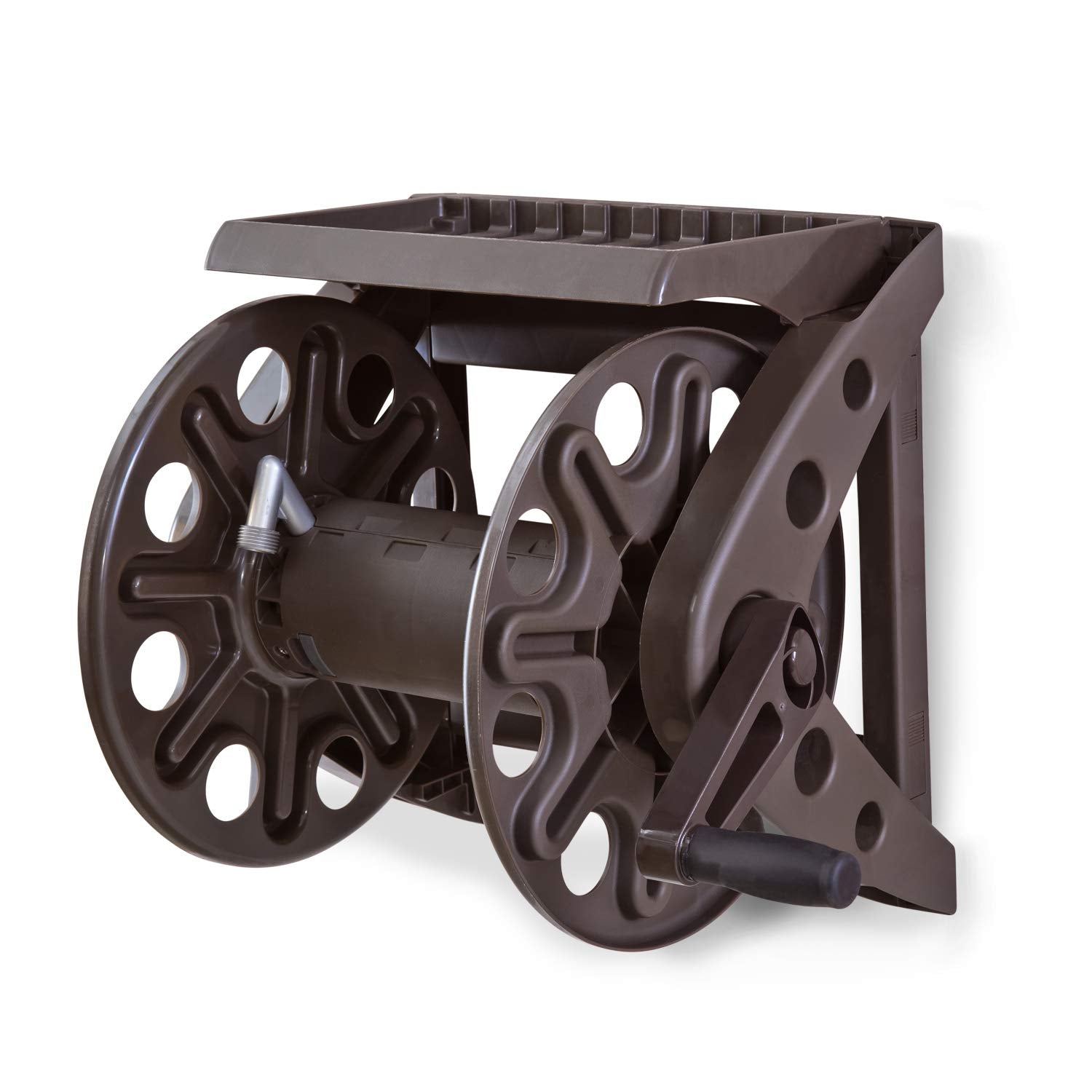 Liberty Basics Wall Mounted Garden Hose Reel with Shelf - Bronze Resin