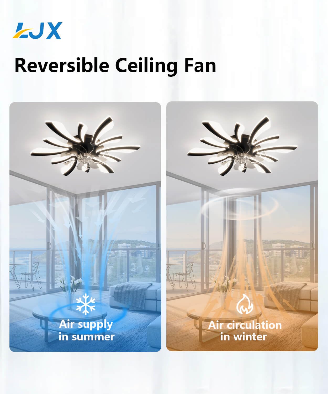 LJX Smart Ceiling Fan with Light | Dimmable Silent DC Motor – Black