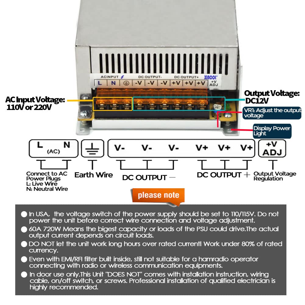 XINCOL 12V 60A 720W Switching Power Supply | SMPS Transformer for LED Strips