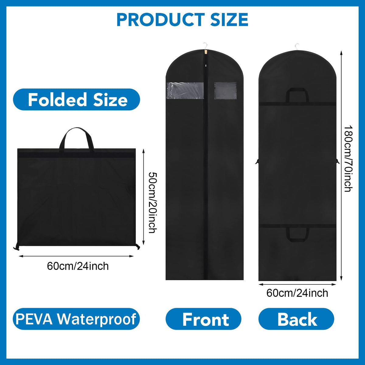 Dntorx 2PCS Long Dress Bags Covers PEVA Wedding Dress Bags 71in, Black - image 2