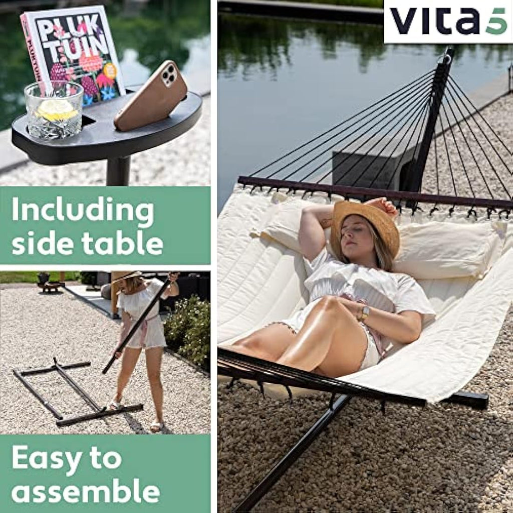 Vita5 Double Hammock with Heavy Duty Stand, Side Table & Pillow - Beige