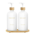 Hand and Dish Soap Dispenser Set with Bamboo Tray - White
