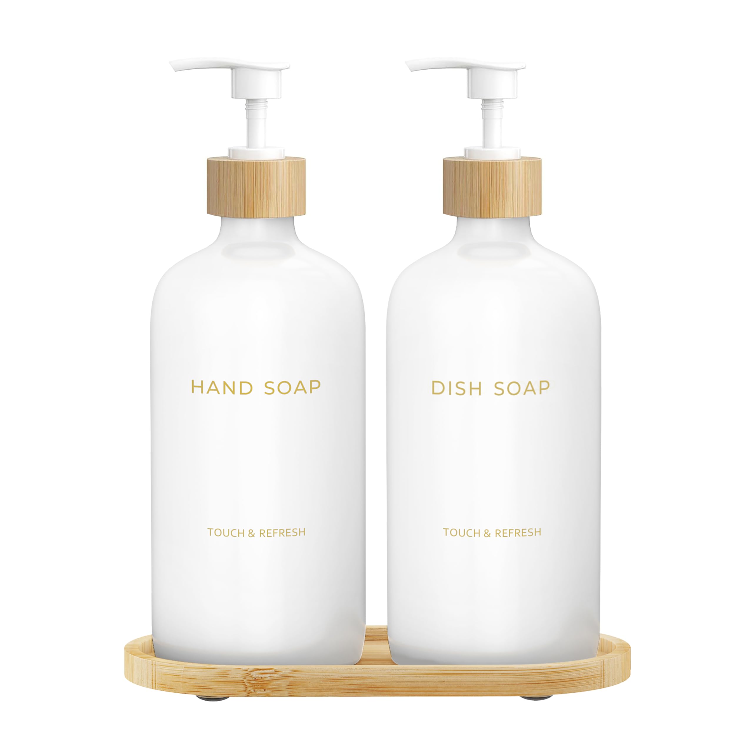 Hand and Dish Soap Dispenser Set with Bamboo Tray - White