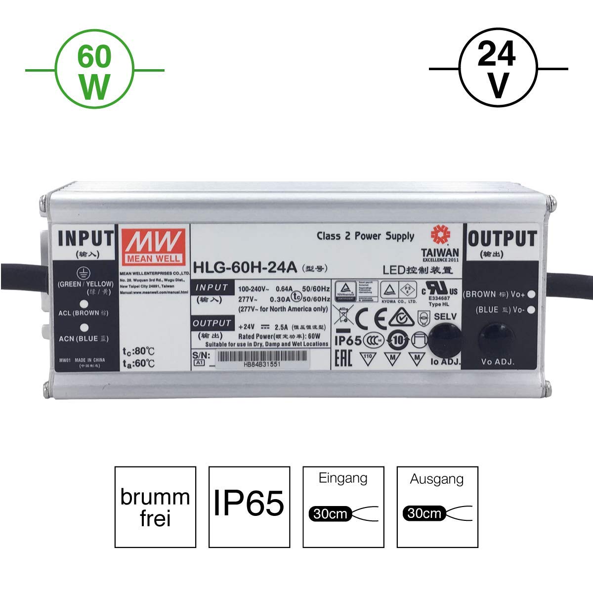 Mean Well HLG-60H-24A LED Power Supply | 24V 60W IP65 Adjustable Driver