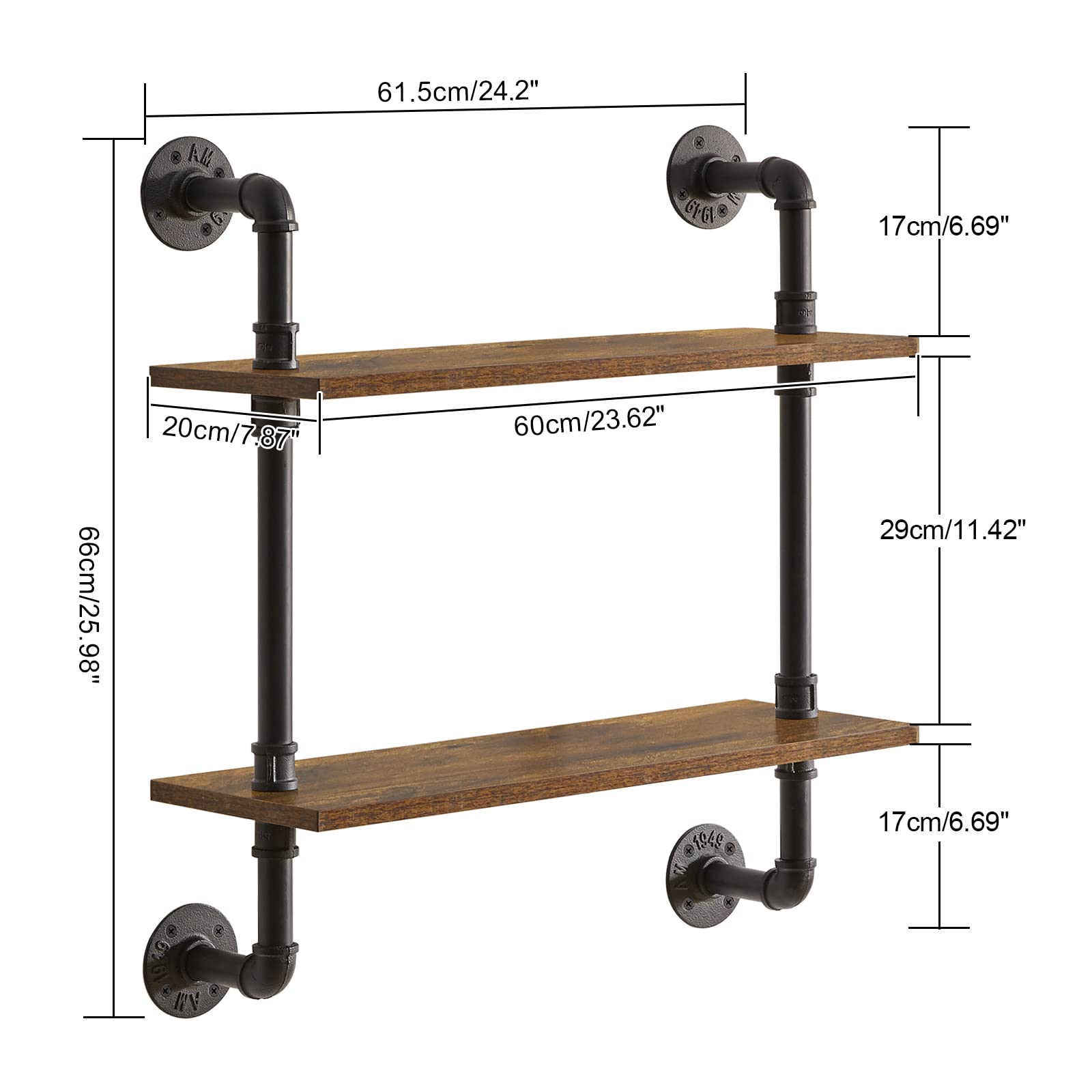 YMYNY 2-Tier Industrial Pipe Wall Mount Shelves | Rustic Wood Storage