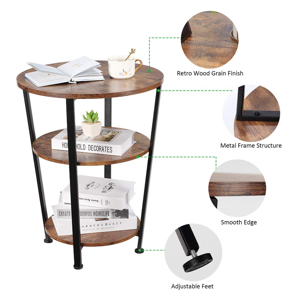 DREAMSOULE Industrial End Table, 3 Tiers Round Side Table with Sturdy Metal Frame, Round Sofa Table, Vintage Nightstand for Living Room Bedroom - image 2