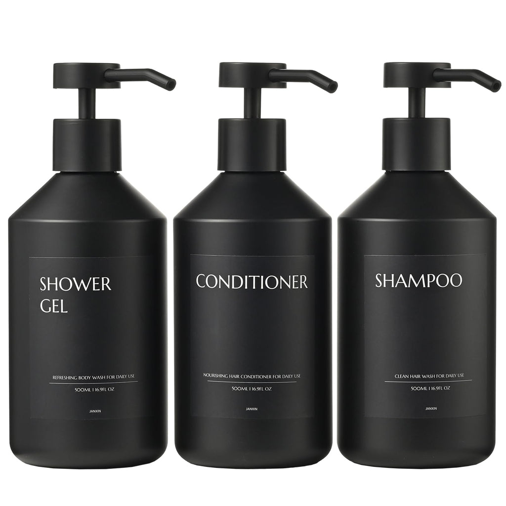 Janxin 3 500ml Black Soap Dispenser, Refillable Shampoo and Conditioner Bottles, Shampoo and Conditioner Dispenser