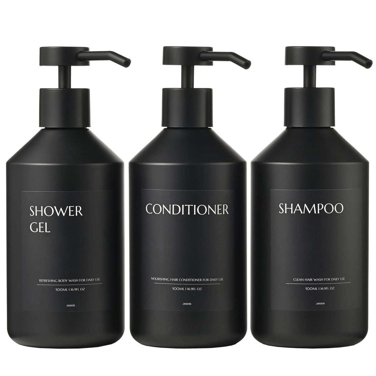Janxin 3 500ml Black Soap Dispenser, Refillable Shampoo and Conditioner Bottles, Shampoo and Conditioner Dispenser