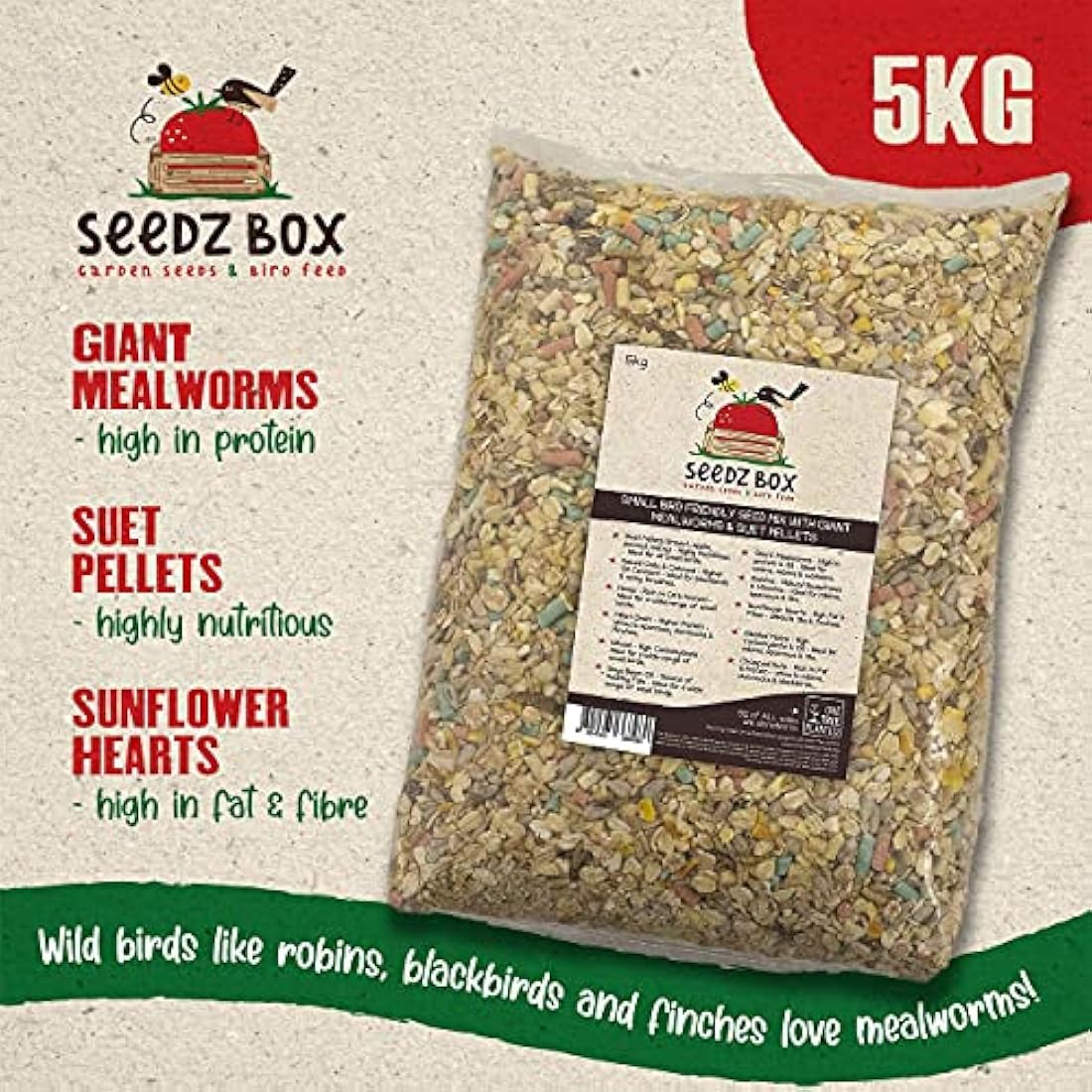 SeedzBox Wild Bird Food Seed Mix with Suet Pellets & Mealworms - 5kg