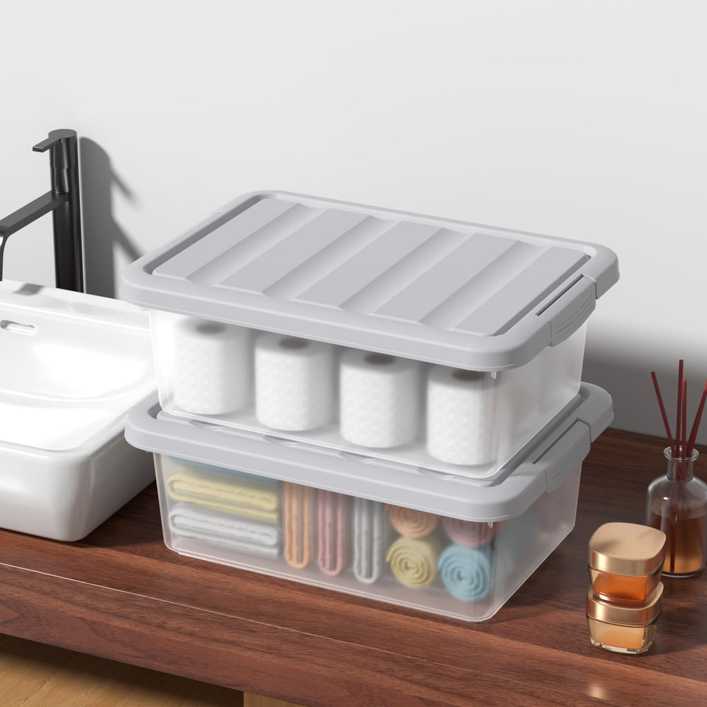 Yesdate 2 Pcs 16 L Clear Stackable Latch Bins, Plastic Storage Box with Gray Lid
