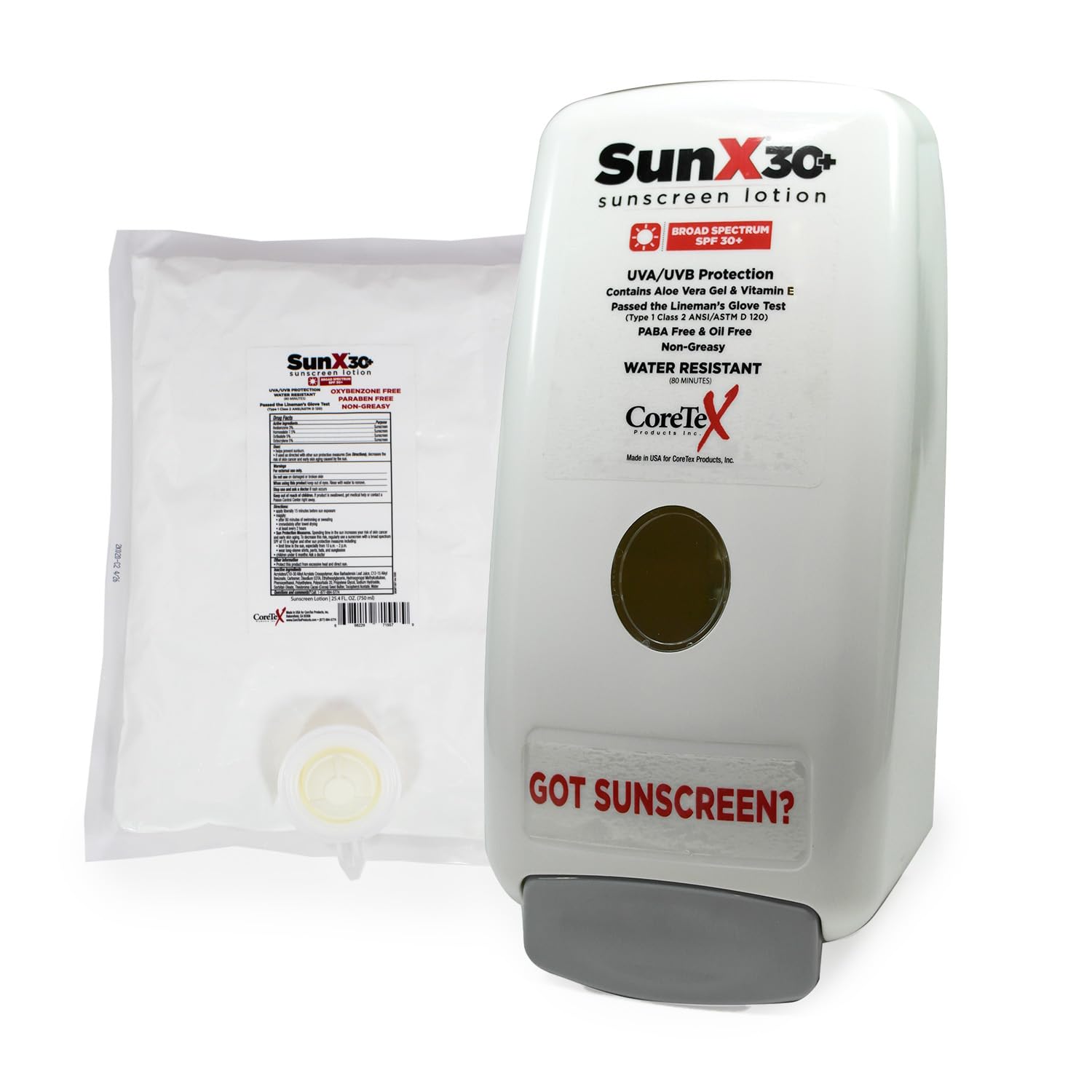 CoreTex Sun X 30+ Sunscreen Lotion 750mL Bladder & Wall Mount Dispenser