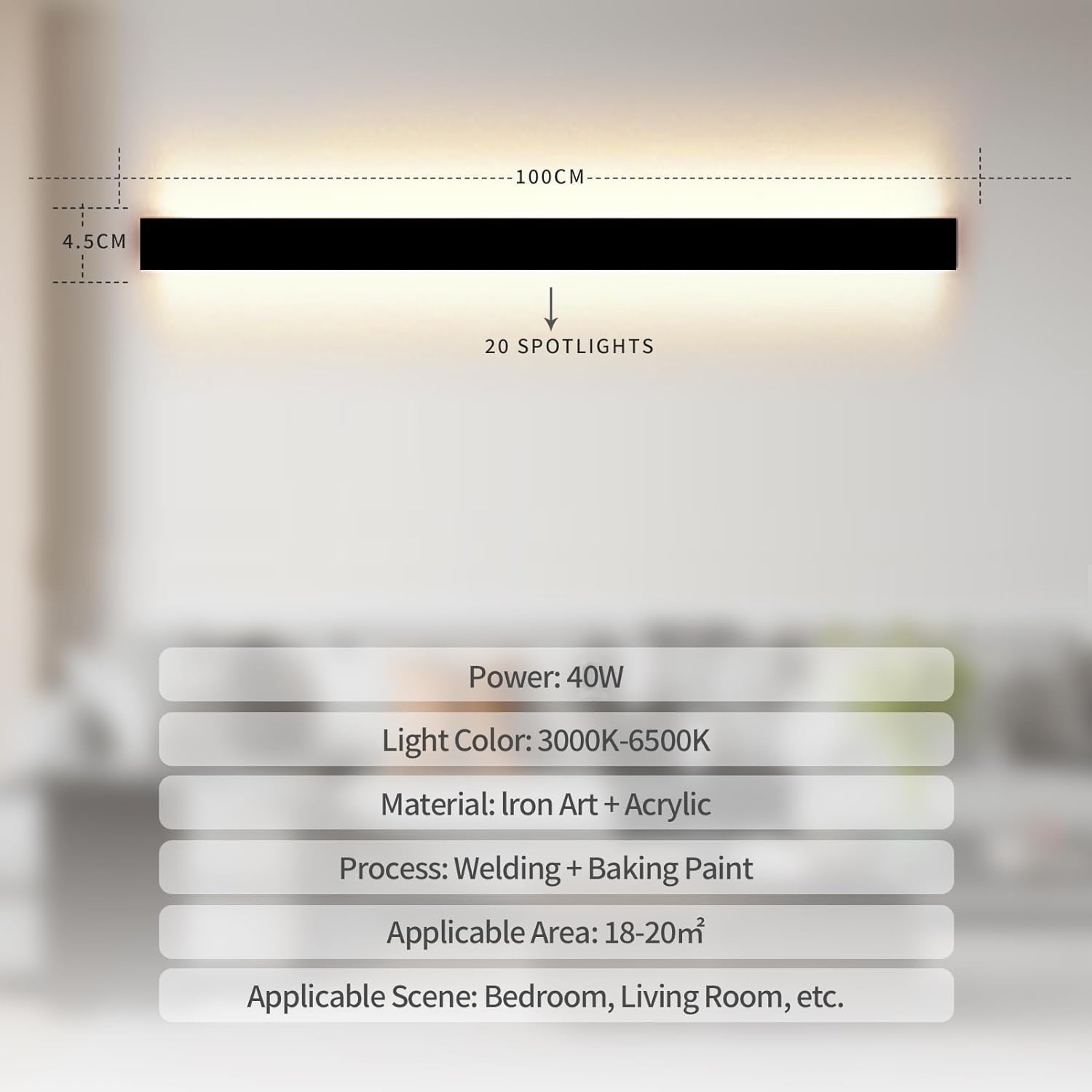 SUCIKORIO LED Wall Light – 100cm Dimmable Smart Strip Sconce | Black