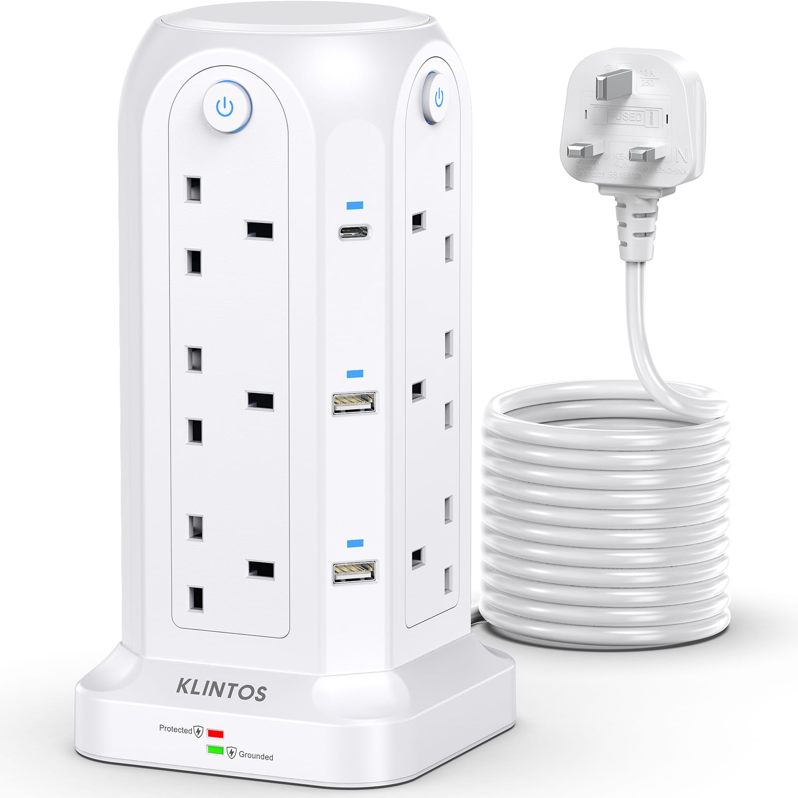 12-Way Tower Extension Lead – 5M Surge Protector, 6 USB