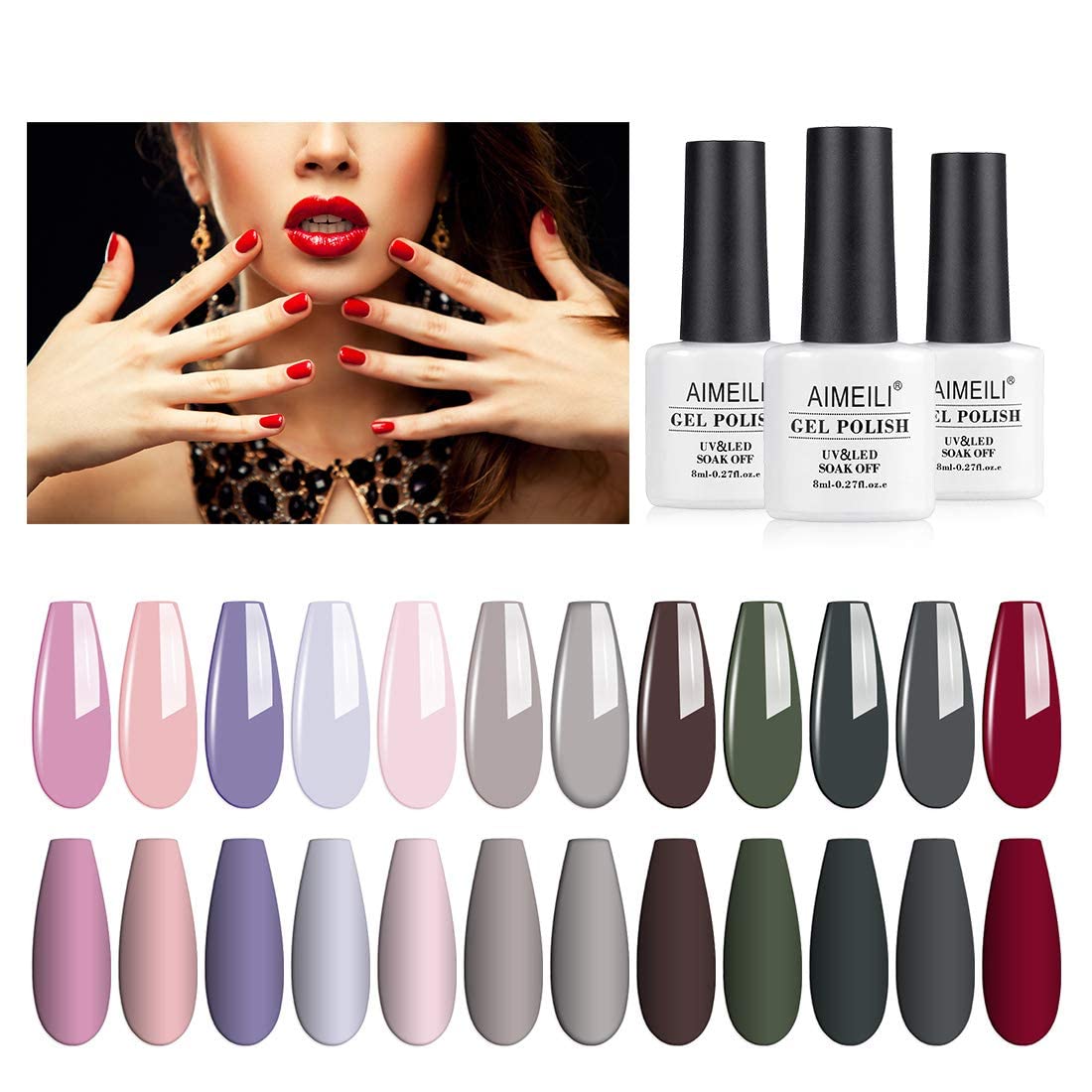 AIMEILI Gel Nail Polish Set - 12 Colors Soak Off UV LED Manicure Kit