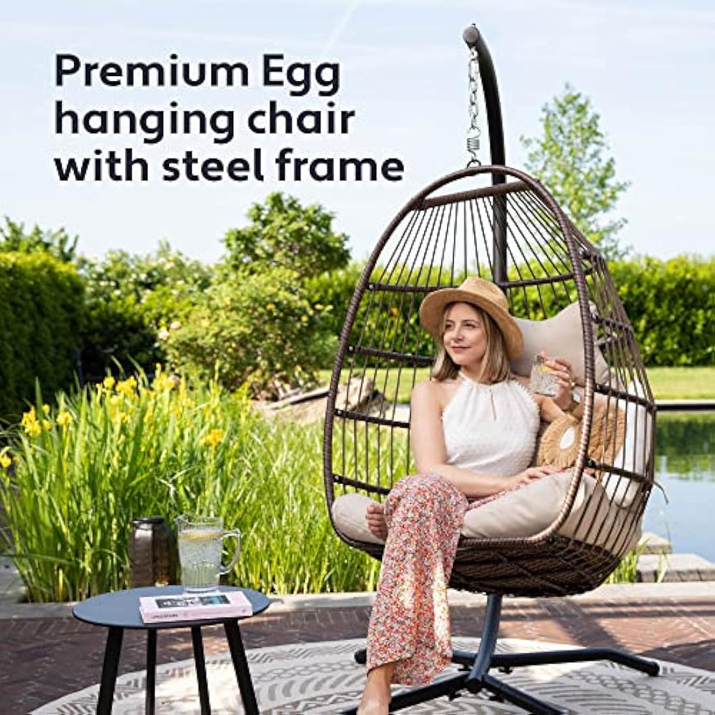 Vita5 Foldable Hanging Egg Chair with Frame | Polyrattan Swing – Beige
