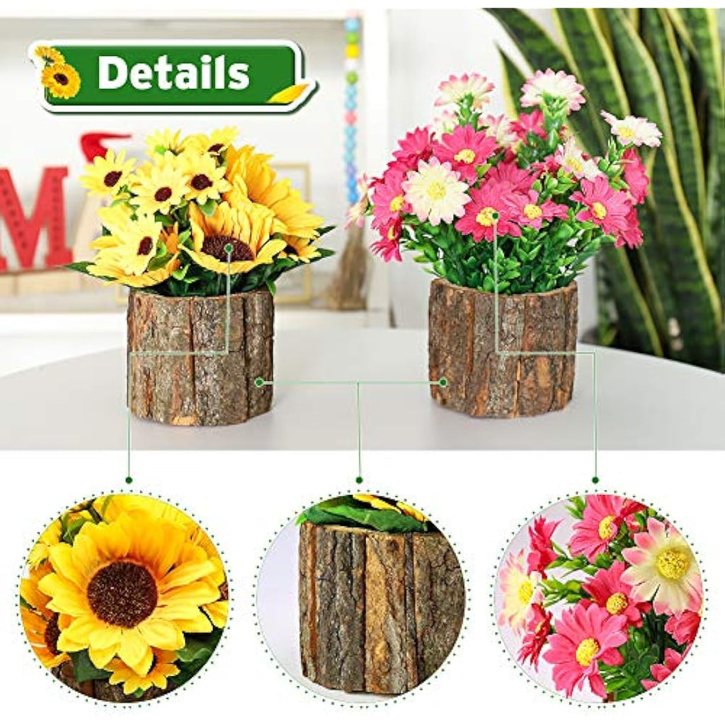Artificial Sunflowers | Potted Fake Plants with Bark Pots