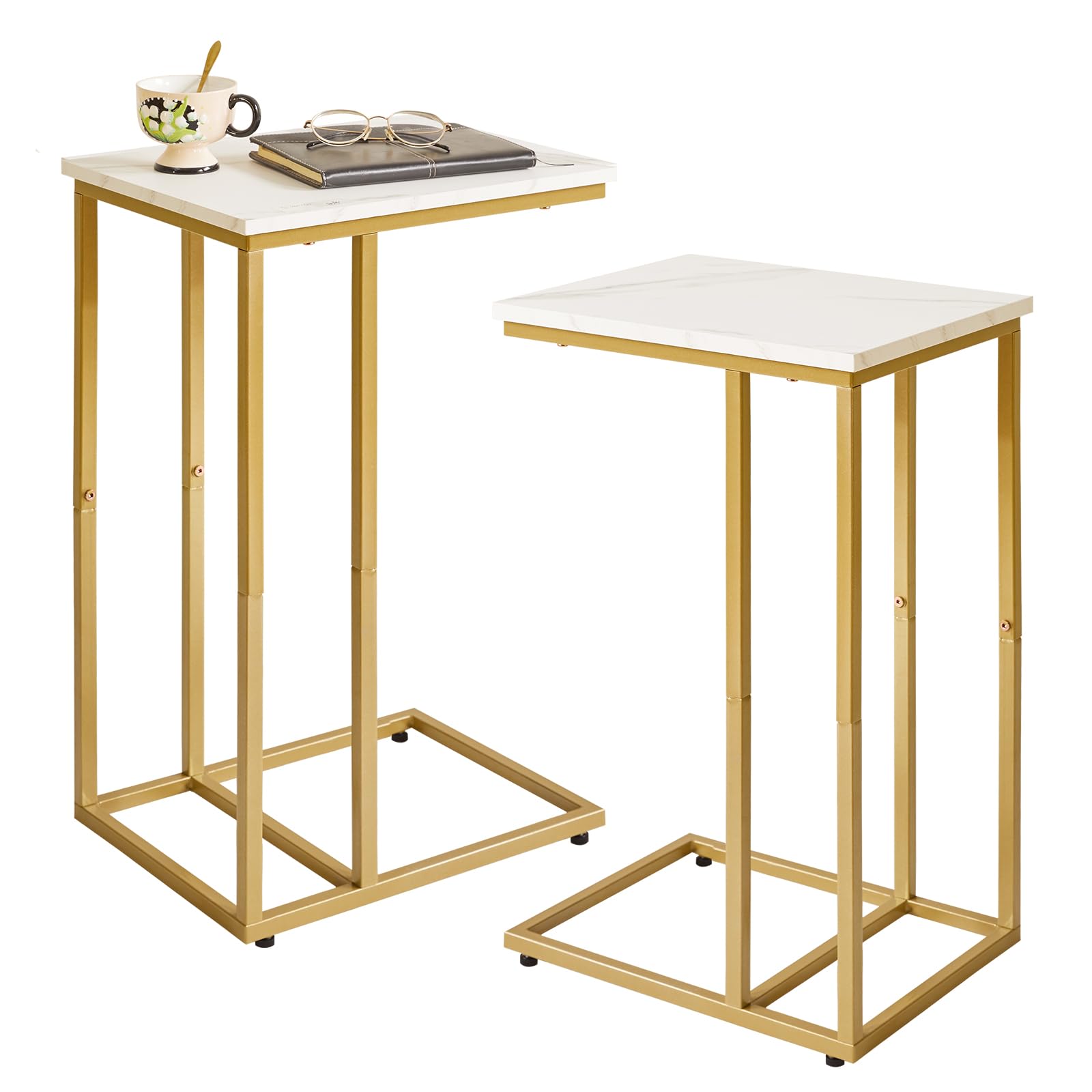 Aibiju C-Shaped Side Table Set of 2 | White Faux Marble and Gold