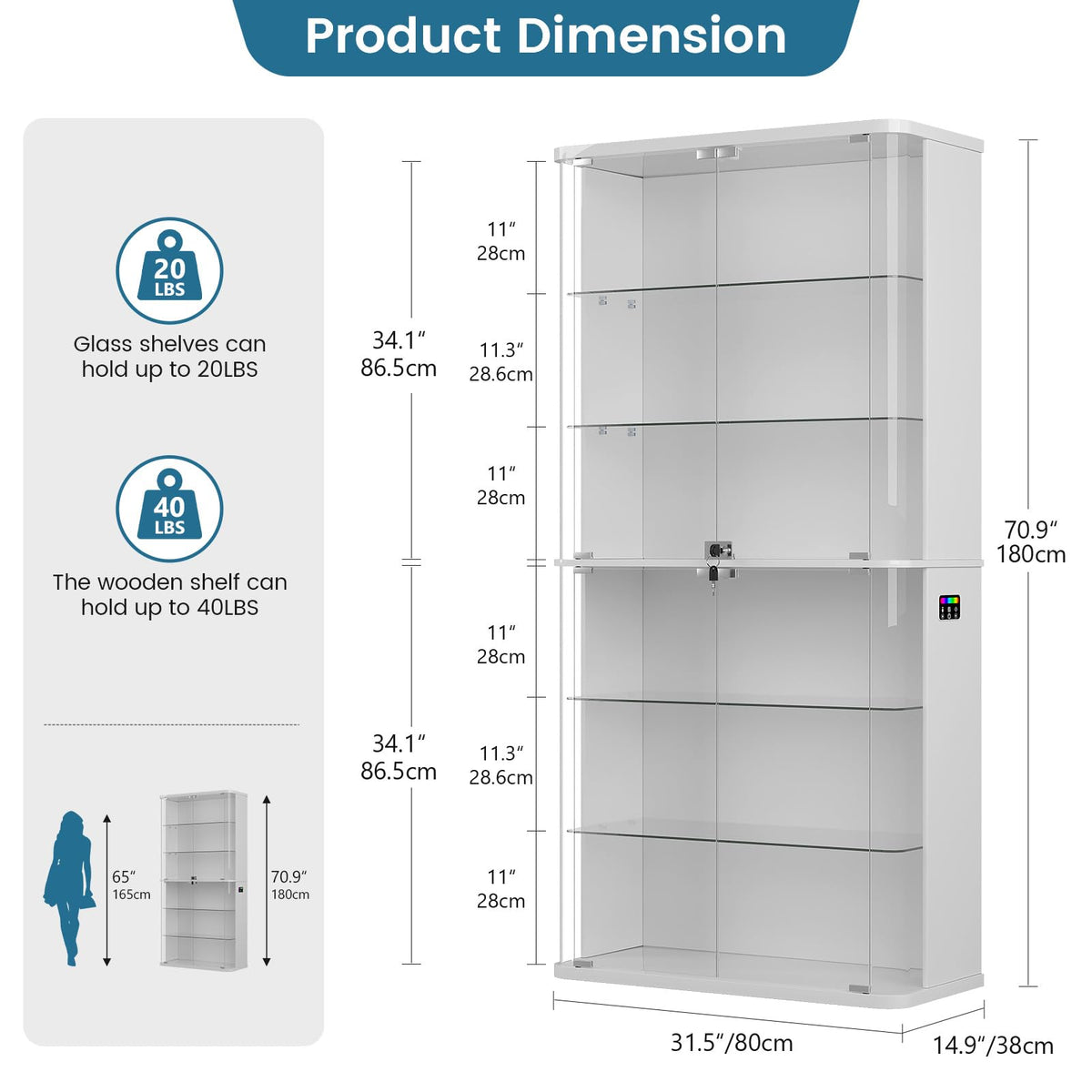 FREDEES Display Cabinet with Glass Doors and RGB Light, 6-Tier, White - image 2