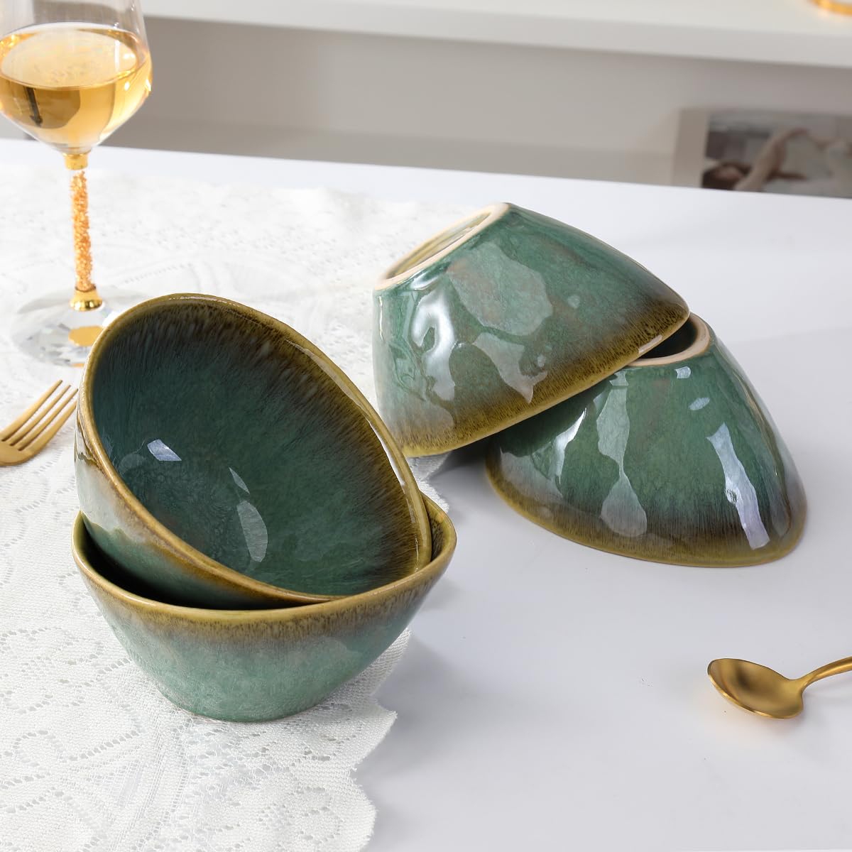Henten Home Ceramic Ramen Bowl Set of 4 – 20 oz Green Stoneware Dishes