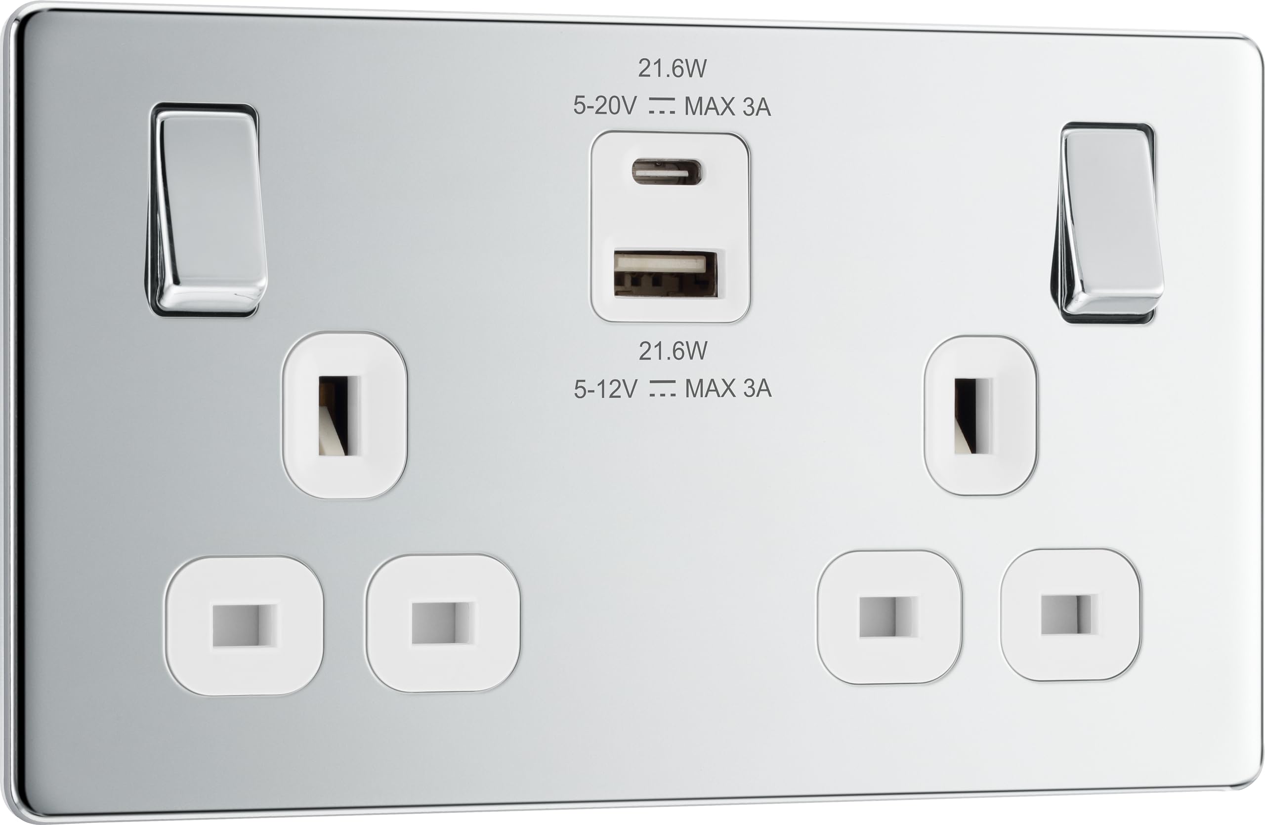 BG Electrical Double Switched Socket | 22W USB A+C | Polished Chrome