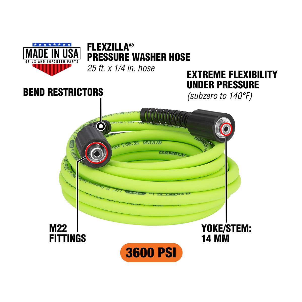 Flexzilla Pressure Washer Hose | 3600 PSI, 1/4 in. x 25 ft, ZillaGreen