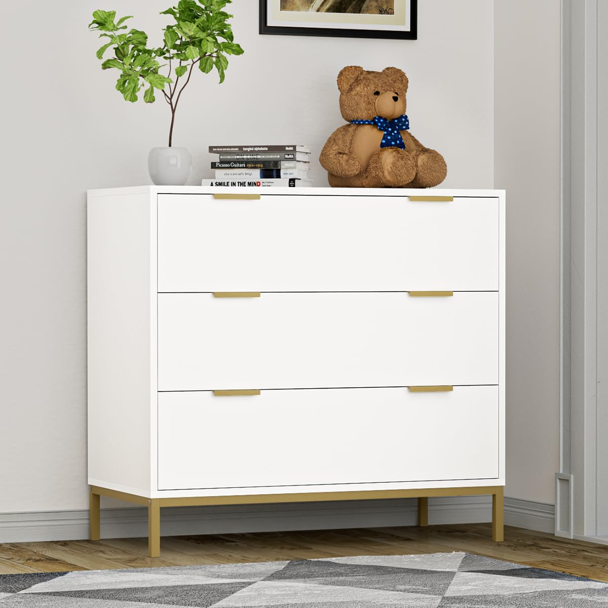 Yvsevnr 3 Drawer Chest of Drawers – Modern White Wooden Storage Cabinet