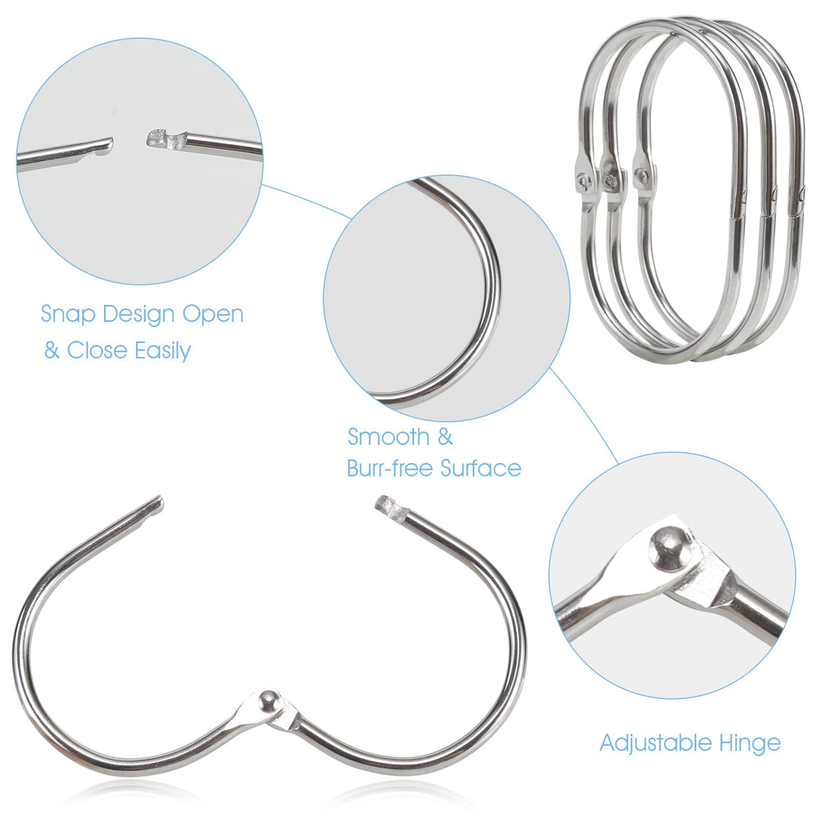 Goowin Shower Curtain Hooks, 12 Pcs Shower Curtain Rings Rust Proof Metal Oval Rings Clasp Closed Shower Curtain Rings for Bathroom Shower Rods - image 4