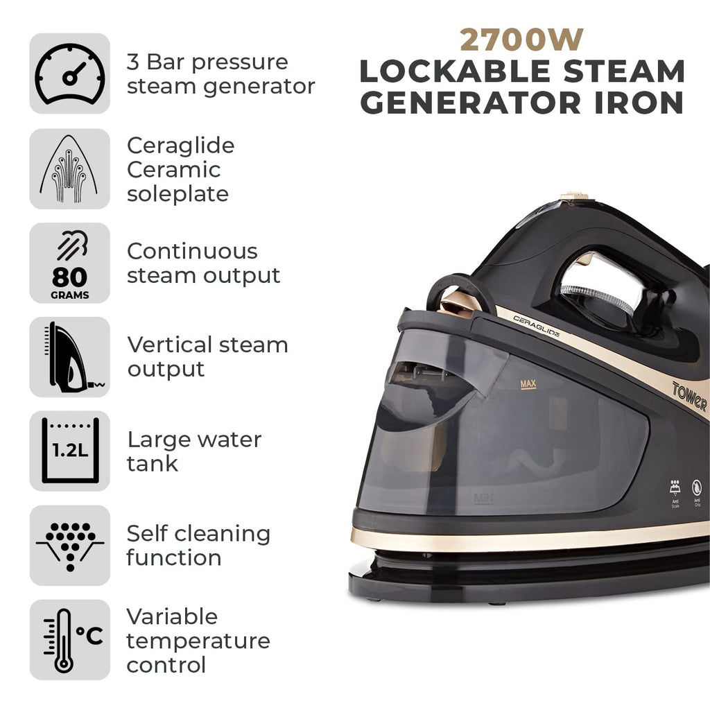 Tower Ceraglide Steam Generator Iron | 2700W | 1.2L | Gold & Black