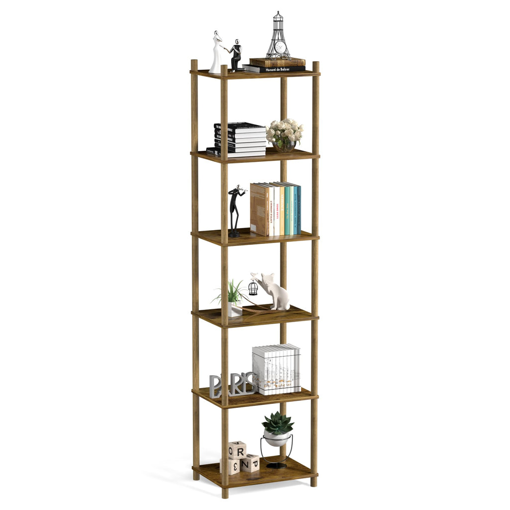YGYQZ 6-Tier Narrow Bookshelf – Tall Rustic Brown Corner Storage Unit