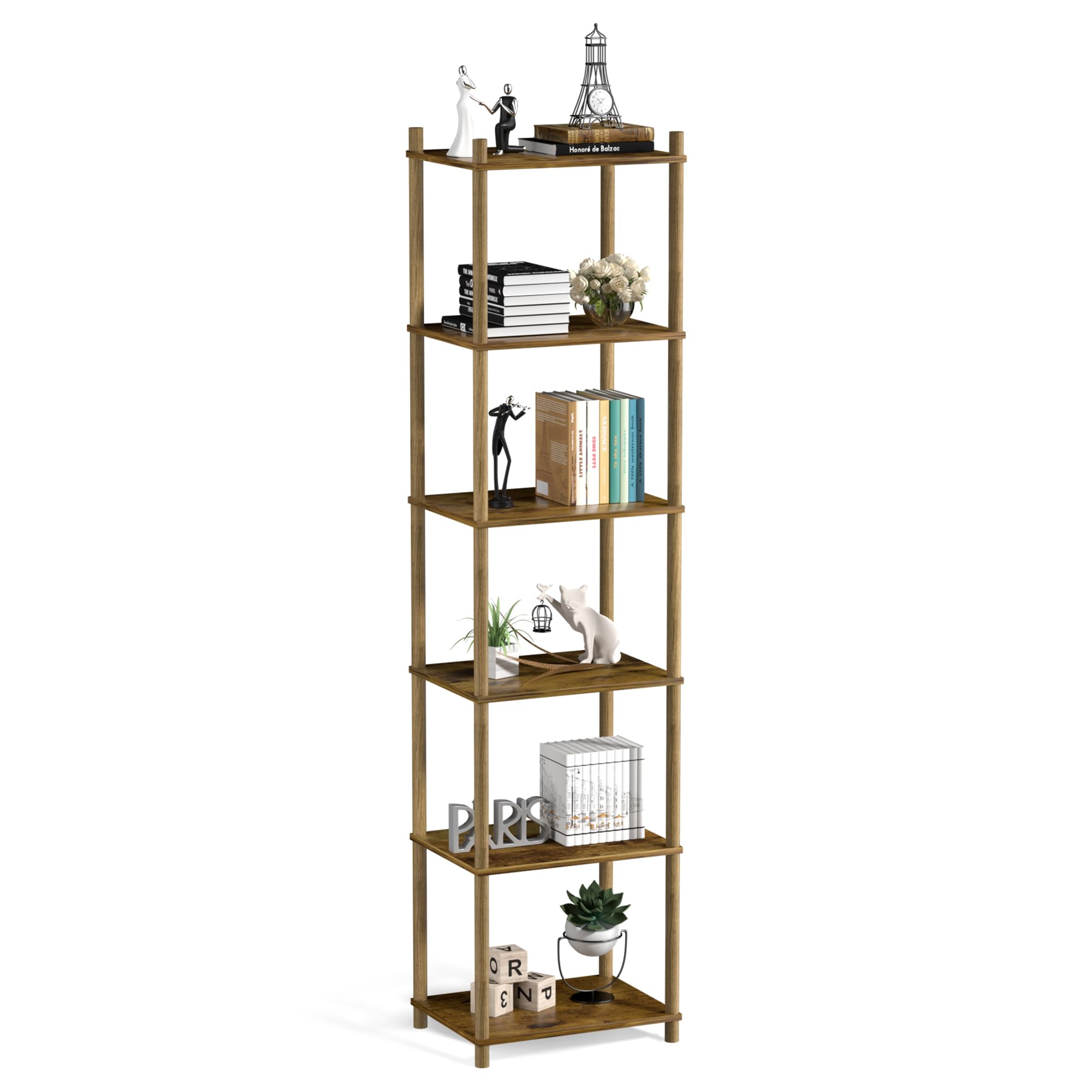 YGYQZ 6-Tier Narrow Bookshelf – Tall Rustic Brown Corner Storage Unit