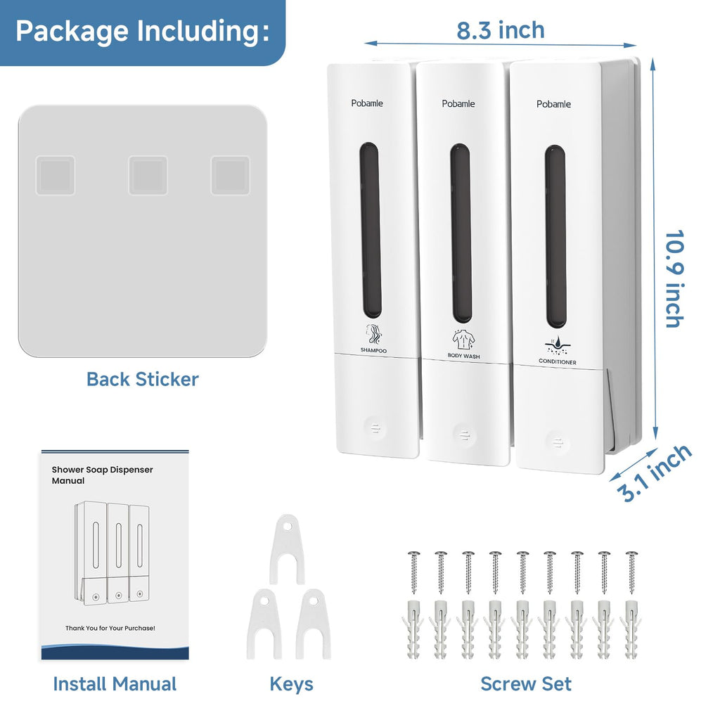 3-Chamber Wall Mounted Shower Soap Dispenser – 400ml White