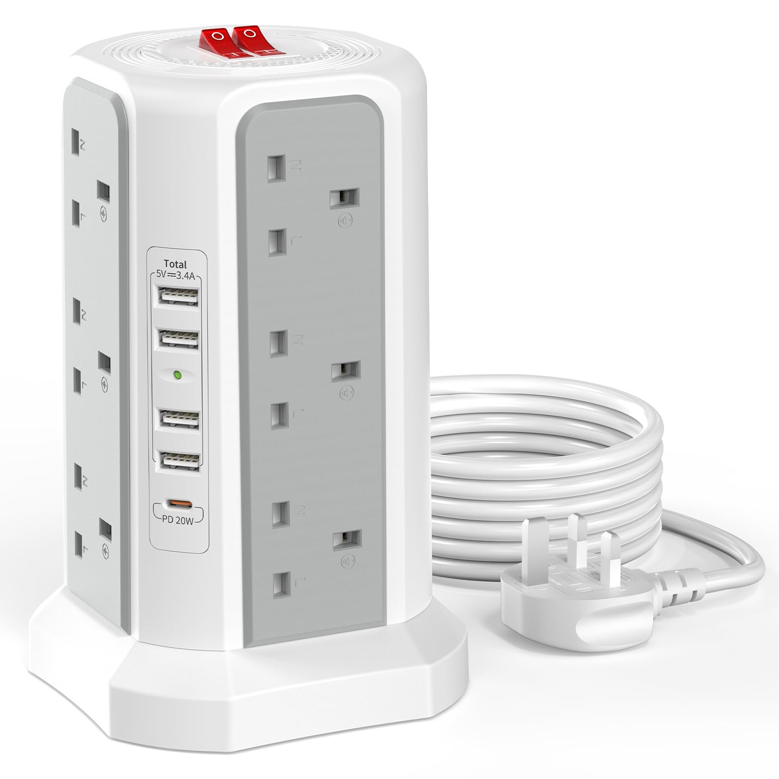 HAFINO 12-Way Tower Extension Lead | 3M Cable with 20W USB-C Fast Charger
