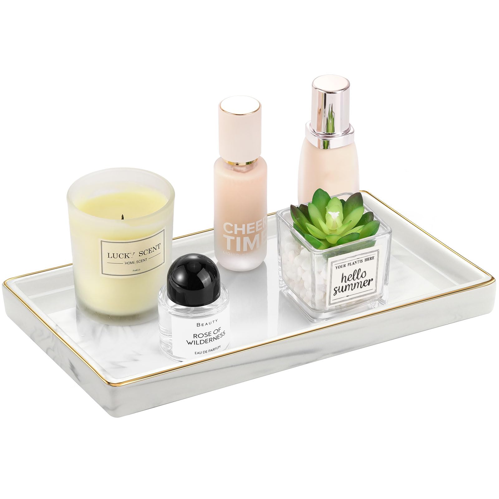 Luxspire Marble Ceramic Vanity Tray | Golden Rimmed Jewelry Organizer