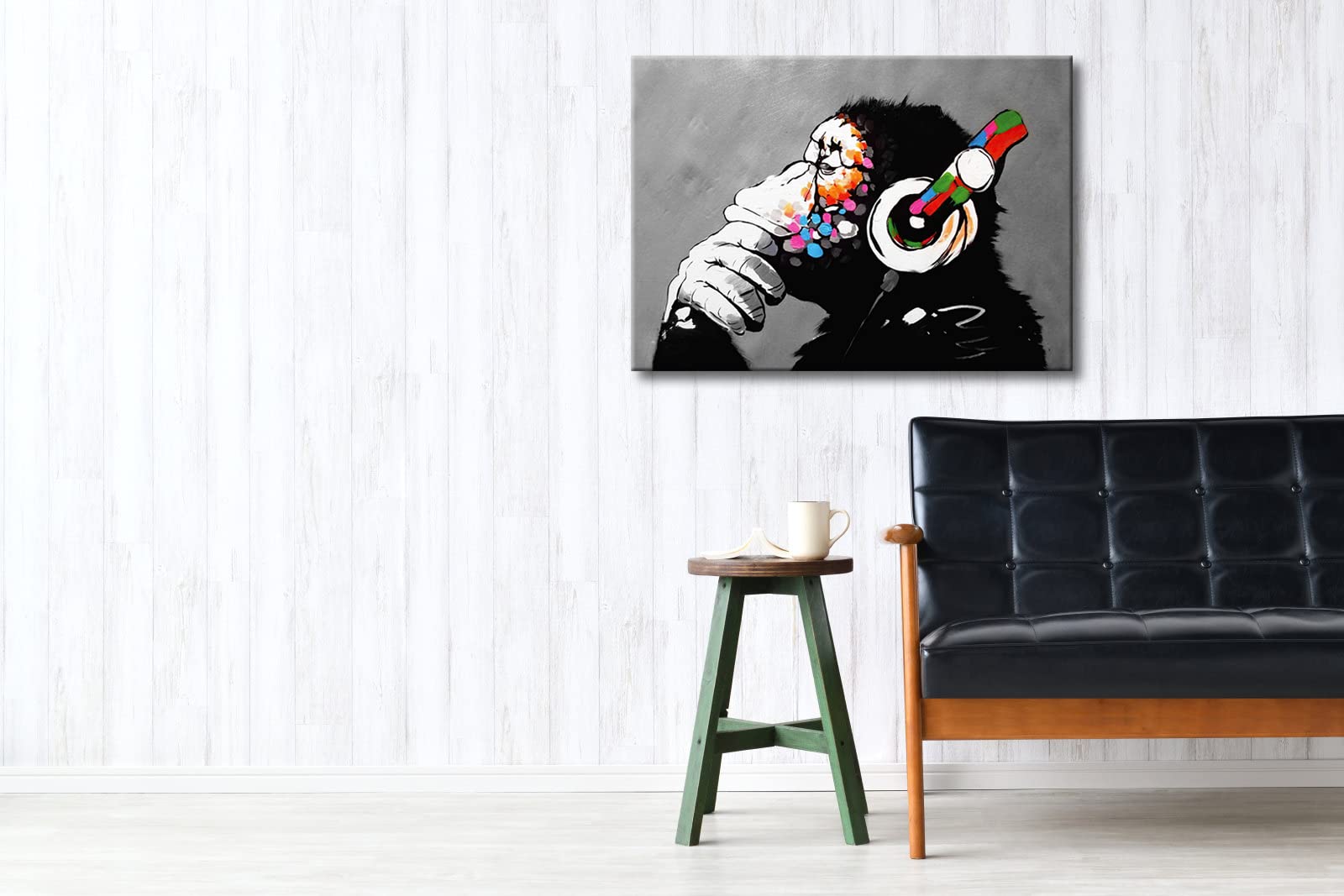 Banksy Monkey with Headphones Graffiti Canvas Art – 20x28in