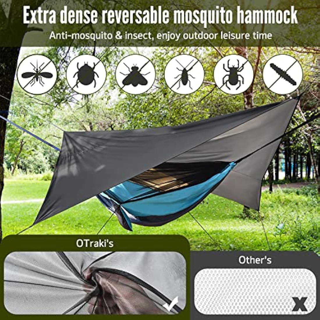 OTraki Camping Hammock with Mosquito Net and Rain Fly – Blue Grey Nylon