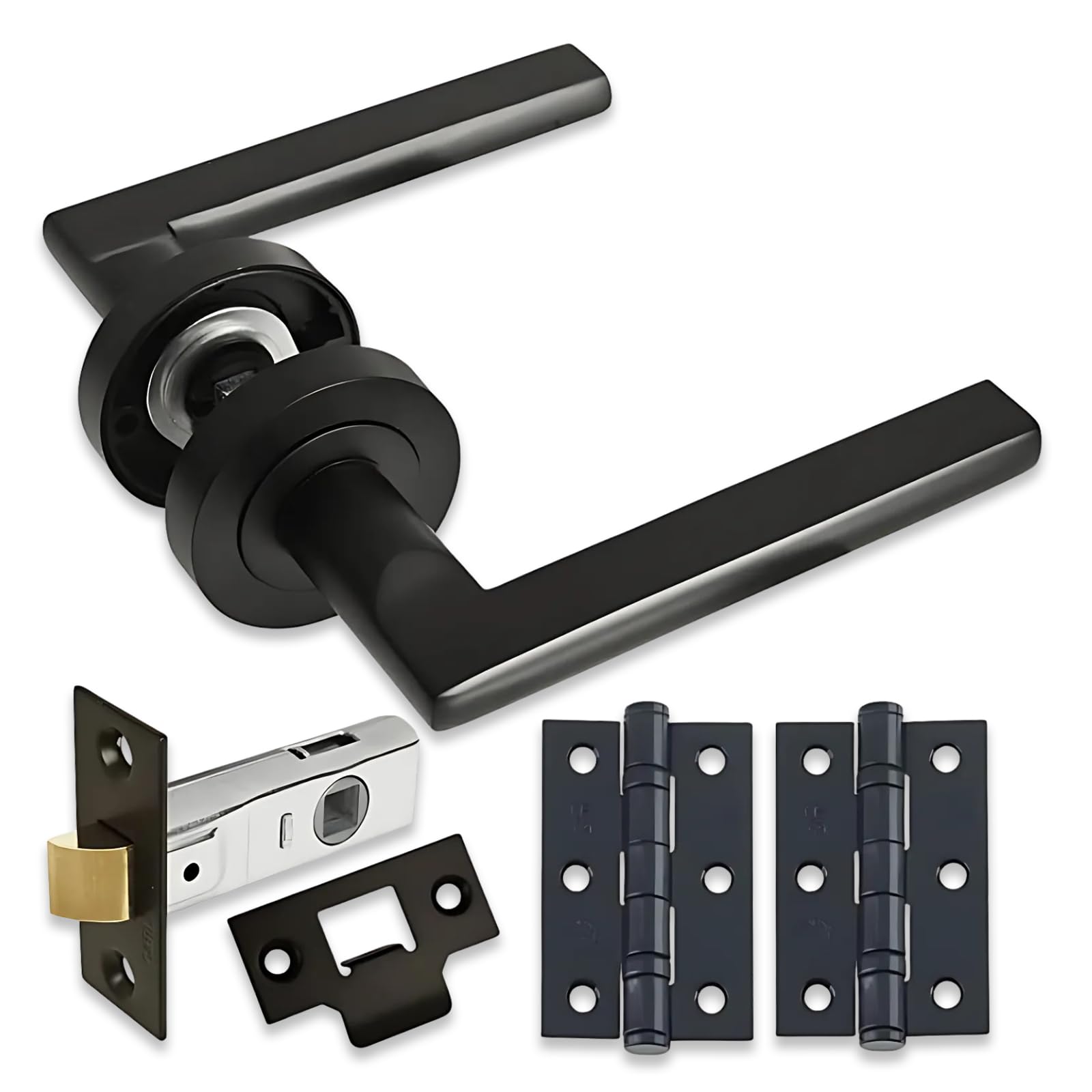 Straight Lever Rose Door Handle Latch Pack – Matt Black