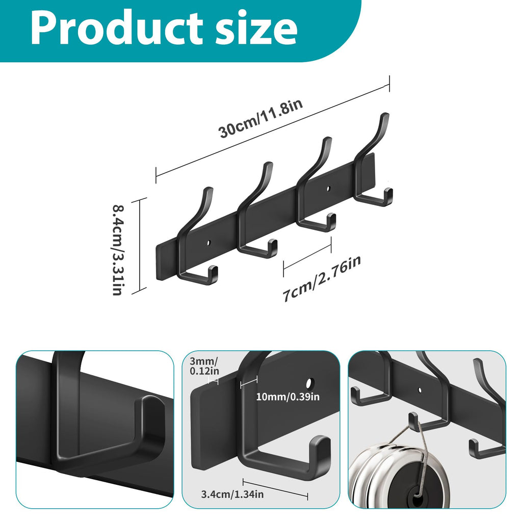 MEIJO Coat Hooks Wall Mounted Stainless Steel, Black Coat Rack Wall Mounted with 4 Hooks Heavy Duty Coat Hooks for Door, Bathroom, Bedroom, Kitchen - image 2