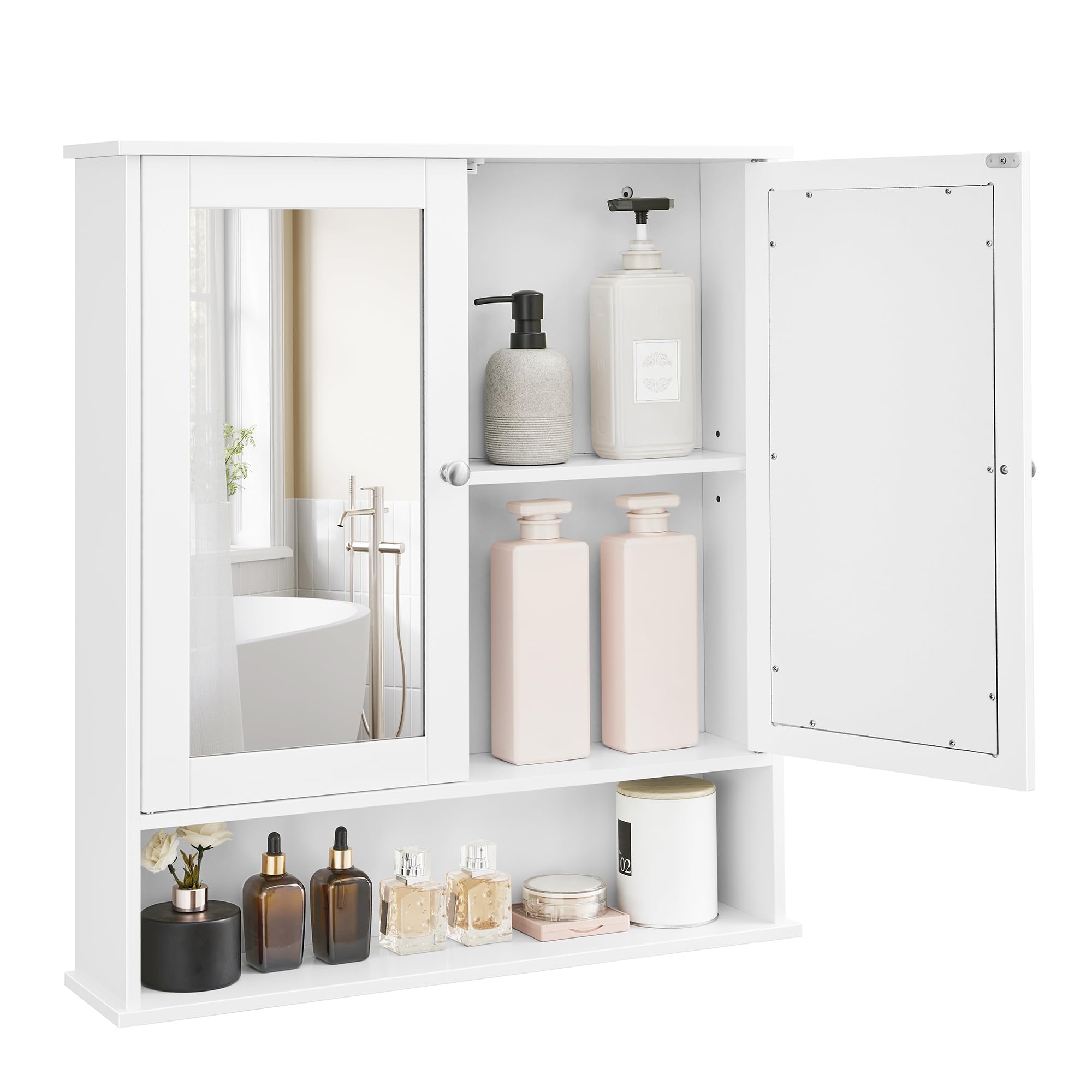 VASAGLE Bathroom Mirror Cabinet – 2-Door Wall Storage with Shelf, White
