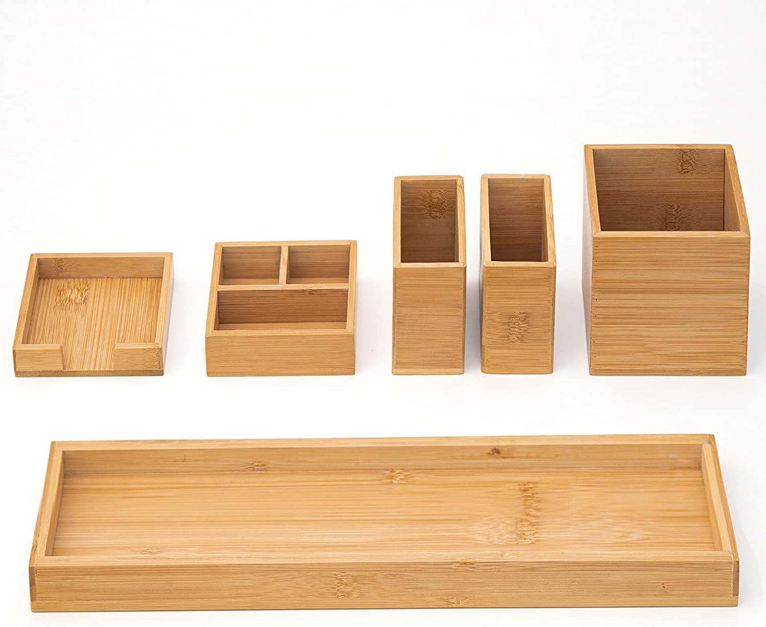 ROCDEER 6-Piece Bamboo Vanity Tray Set | Adjustable Bathroom Desk Organiser