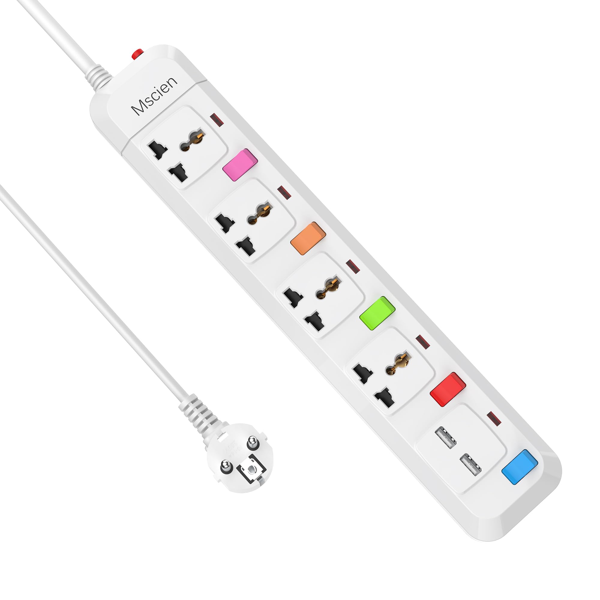 Mscien 4 Way Extension Lead with 2 USB | UK to EU Power Strip 1.8M