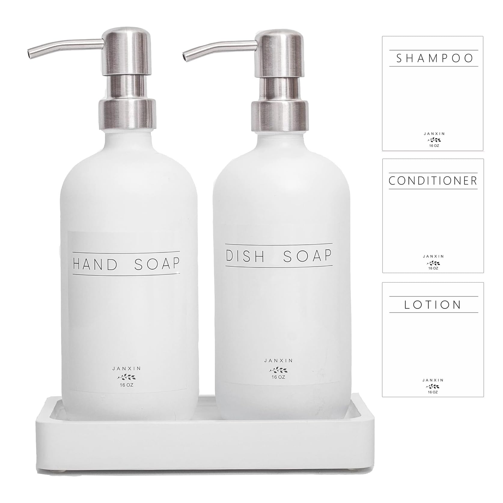 Janxin Glass Soap Dispenser Set - 16oz White Bottles with Wood Tray