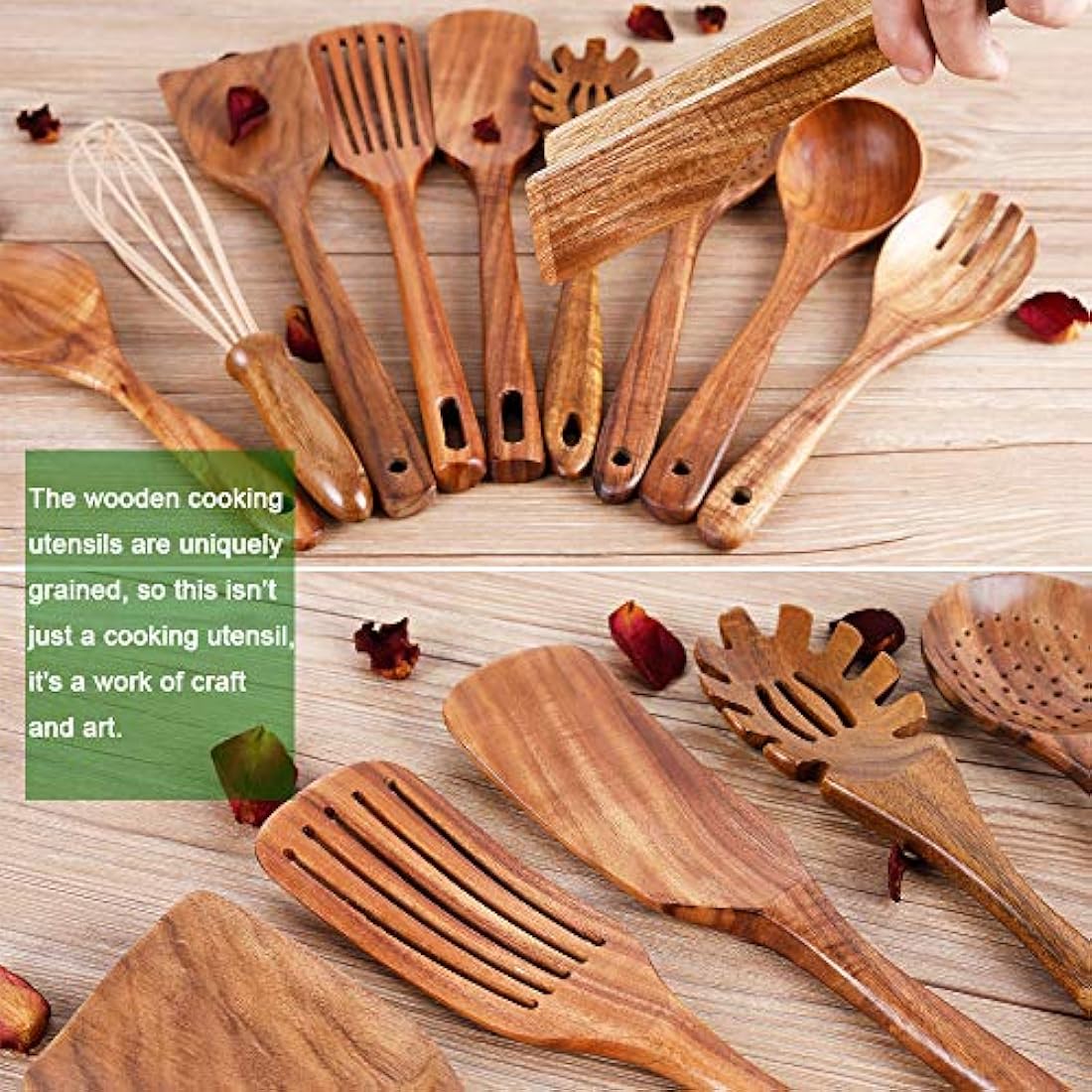 Jolof Store 11-Piece Natural Teak Wood Kitchen Utensil Set with Holder